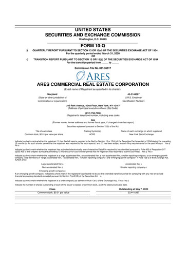 Thumbnail Ares Commercial Real Estate 10-Q Quarterly Report FY2020 