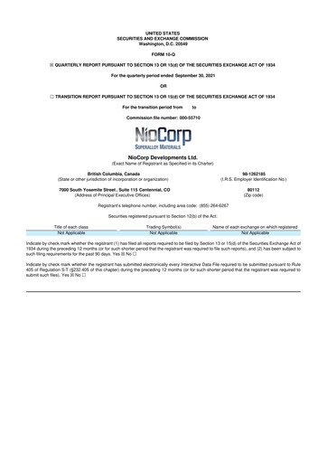 Thumbnail NioCorp Developments 10-Q Quarterly Report FY2022 