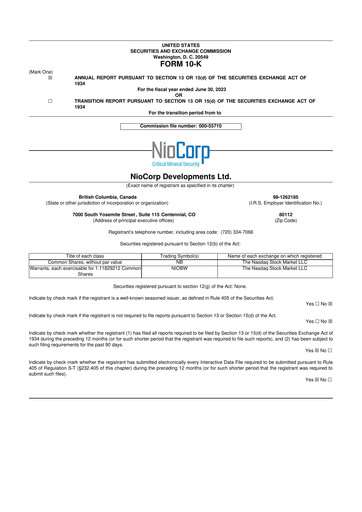Thumbnail NioCorp Developments 10-K Annual Report 2023