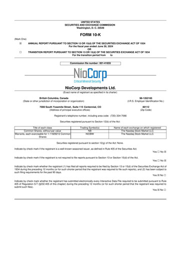 Thumbnail NioCorp Developments 10-K Annual Report 2024