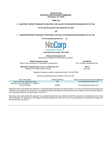 Thumbnail NioCorp Developments 10-Q Quarterly Report FY2026 