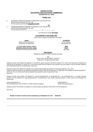 Thumbnail Alexander & Baldwin
 10-Q Quarterly Report FY2012 