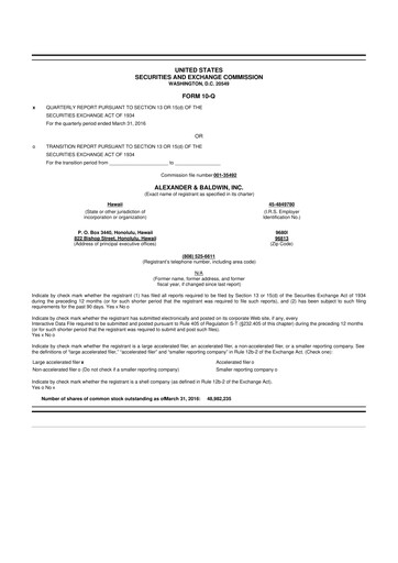 Thumbnail Alexander & Baldwin
 10-Q Quarterly Report FY2016 