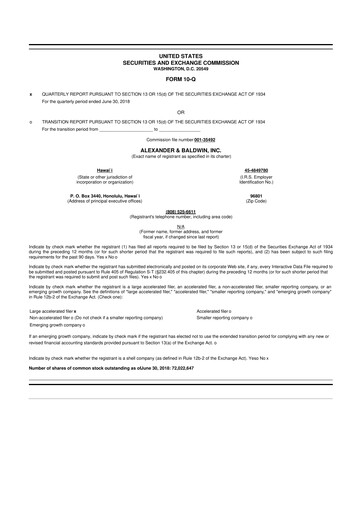 Thumbnail Alexander & Baldwin
 10-Q Quarterly Report FY2018 