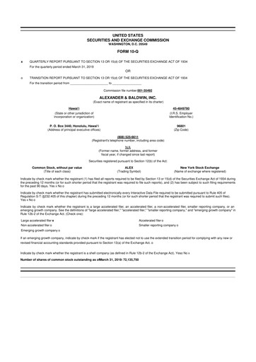 Thumbnail Alexander & Baldwin
 10-Q Quarterly Report FY2019 