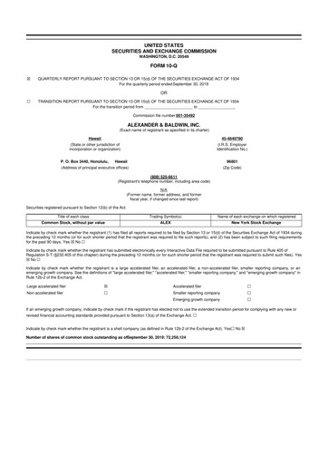 Thumbnail Alexander & Baldwin
 10-Q Quarterly Report FY2019 