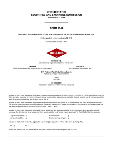 Miniature Rollins 10-Q Rapport trimestriel 2015 