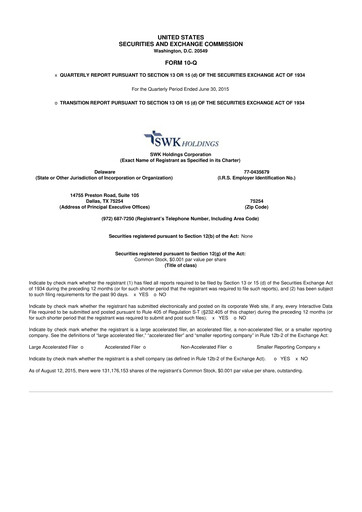 Thumbnail SWK Holdings 10-Q Quarterly Report FY2015 