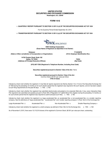 Thumbnail SWK Holdings 10-Q Quarterly Report FY2015 