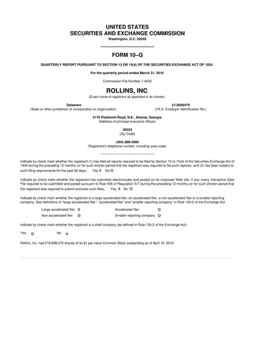 Miniature Rollins 10-Q Rapport trimestriel 2016 