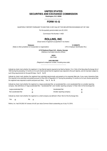 Miniature Rollins 10-Q Rapport trimestriel 2016 