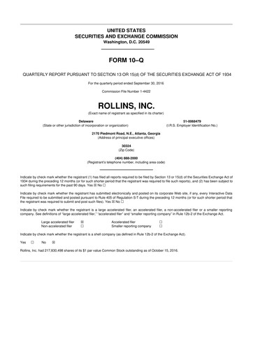 Miniature Rollins 10-Q Rapport trimestriel 2016 