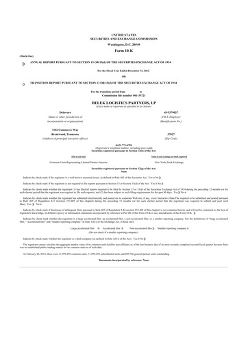 Thumbnail Delek Logistics Partners 10-K Annual Report 2012