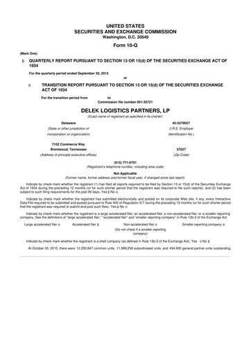 Thumbnail Delek Logistics Partners 10-Q Quarterly Report FY2015 