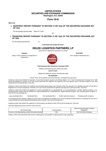 Thumbnail Delek Logistics Partners 10-Q Quarterly Report FY2019 