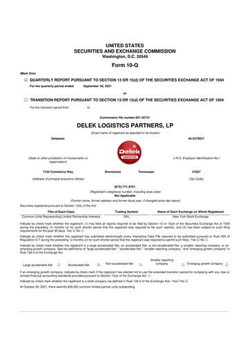 Thumbnail Delek Logistics Partners 10-Q Quarterly Report FY2021 