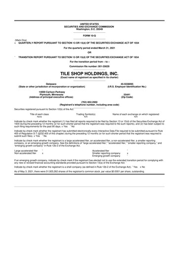 Vorschaubild Tile Shop Holdings 10-Q Quartalsbericht 2021 