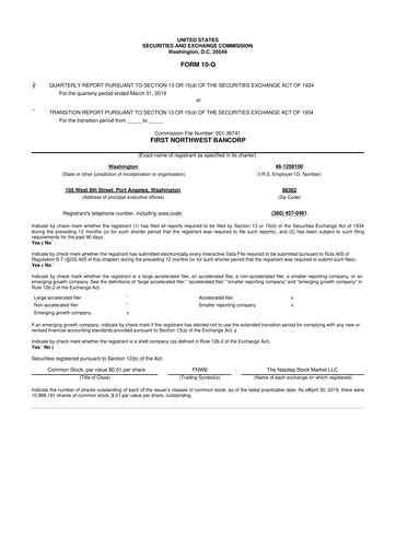 Thumbnail First Northwest Bancorp 10-Q Quarterly Report FY2019 