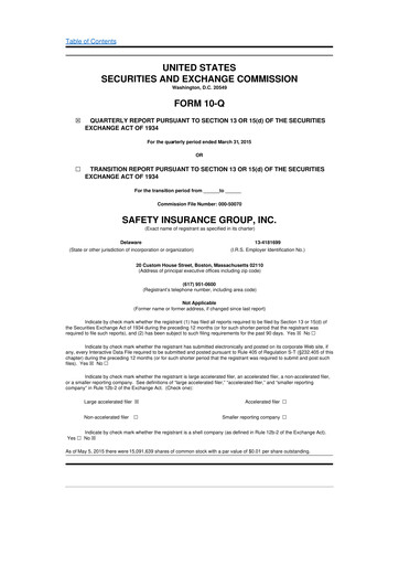 Thumbnail Safety Insurance
 10-Q Quarterly Report FY2015 