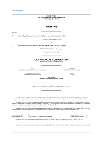 Thumbnail C&F Financial Corporation

 10-Q Quarterly Report FY 