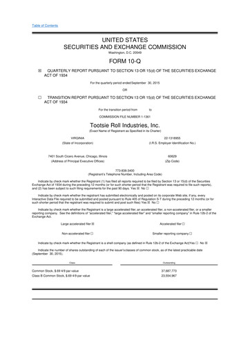Thumbnail Tootsie Roll Industries
 10-Q Quarterly Report FY2015 