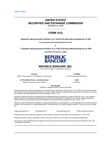 Thumbnail Republic Bank 10-Q Quarterly Report FY2015 
