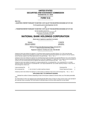 Thumbnail National Bank Holdings
 10-Q Quarterly Report FY2015 