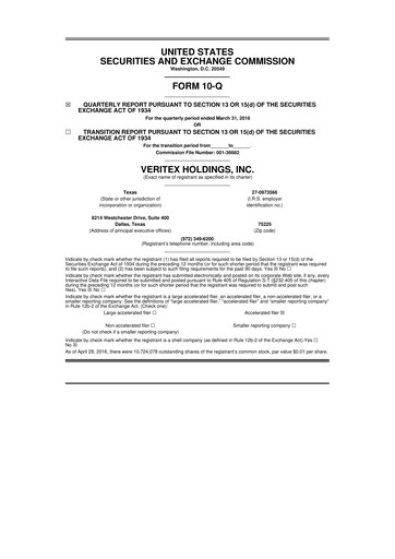 Thumbnail Veritex Holdings
 10-Q Quarterly Report FY2016 