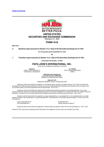 Miniature Papa John's Pizza
 10-Q Rapport trimestriel 2016 