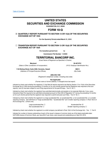Thumbnail Territorial Bancorp
 10-Q Quarterly Report FY 