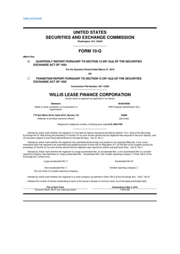 Thumbnail Willis Lease Finance Corporation 10-Q Quarterly Report FY2016 