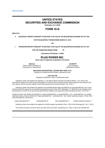 Thumbnail Plug Power 10-Q Quarterly Report FY 