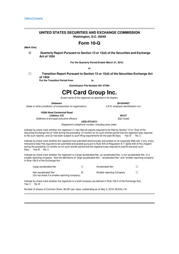 Thumbnail CPI Card Group 10-Q Quarterly Report FY2016 
