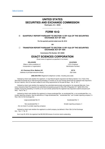 Vorschaubild Exact Sciences 10-Q Quartalsbericht 2016 