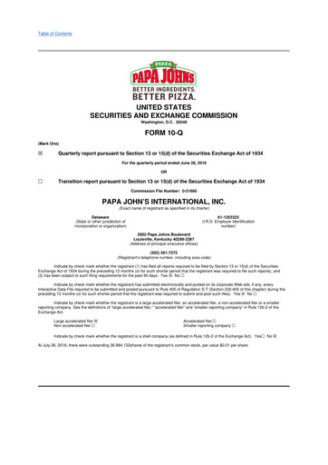 Miniature Papa John's Pizza
 10-Q Rapport trimestriel 2016 