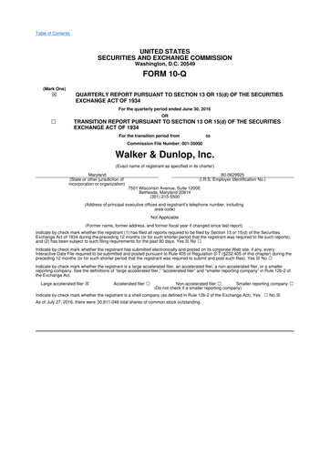 Miniature Walker & Dunlop

 10-Q Rapport trimestriel 2016 