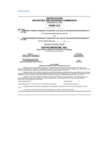 Miniature Editas Medicine
 10-Q Rapport trimestriel 2016 