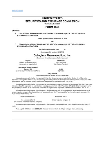 Miniature Collegium Pharmaceutical
 10-Q Rapport trimestriel 2016 