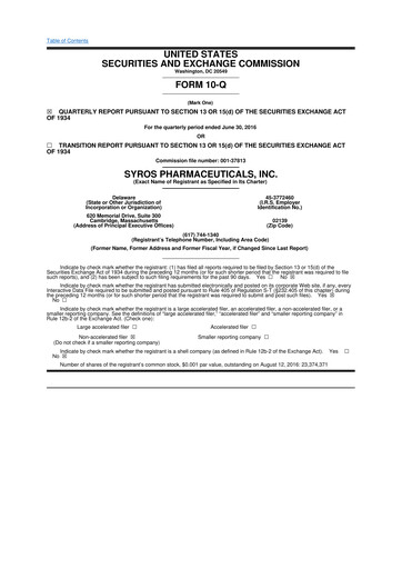 Thumbnail Syros Pharmaceuticals
 10-Q Quarterly Report FY2016 