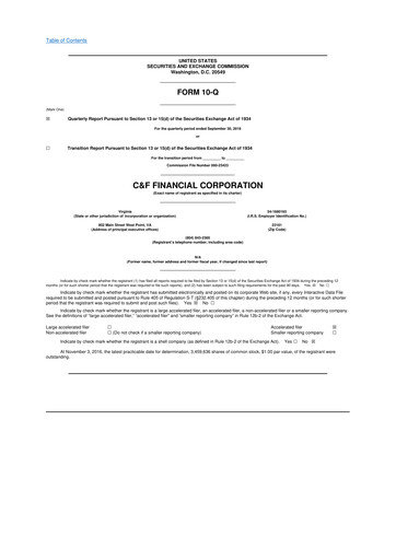 Thumbnail C&F Financial Corporation

 10-Q Quarterly Report FY 