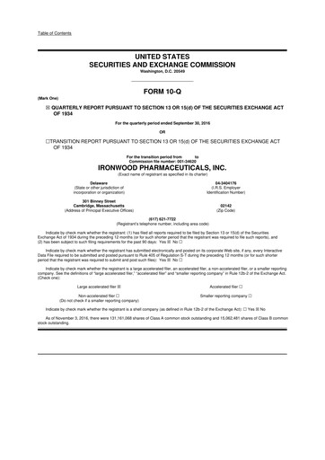 Miniature Ironwood Pharmaceuticals
 10-Q Rapport trimestriel 2016 