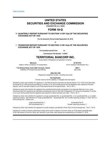 Thumbnail Territorial Bancorp
 10-Q Quarterly Report FY 