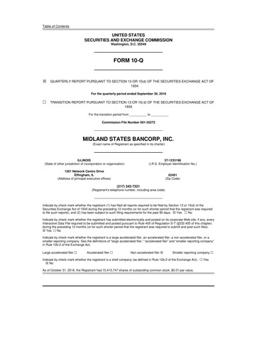 Thumbnail Midland States Bancorp 10-Q Quarterly Report FY2016 