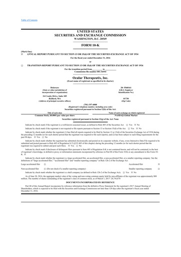 Miniature Ocular Therapeutix 10-K Rapport annuel 2016