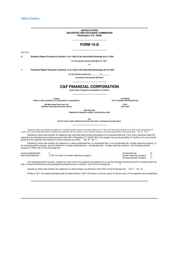 Thumbnail C&F Financial Corporation

 10-Q Quarterly Report FY 