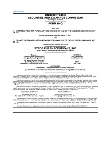 Thumbnail Syros Pharmaceuticals
 10-Q Quarterly Report FY2017 