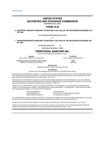 Thumbnail Territorial Bancorp
 10-Q Quarterly Report FY 