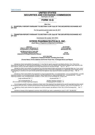 Thumbnail Syros Pharmaceuticals
 10-Q Quarterly Report FY2017 