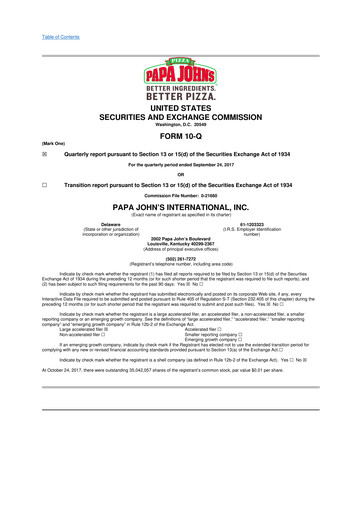 Miniature Papa John's Pizza
 10-Q Rapport trimestriel 2017 