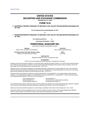 Thumbnail Territorial Bancorp
 10-Q Quarterly Report FY 
